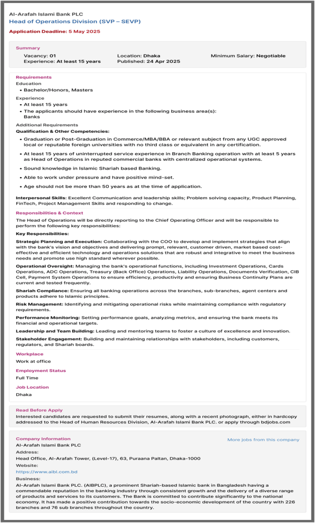 Al-Arafah Islami Bank Job Circular 2025 Al-Arafah Islami Bank Job Circular 2025