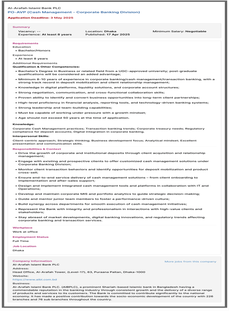 Al-Arafah Islami Bank Job Circular 2025 Al-Arafah Islami Bank Job Circular 2025