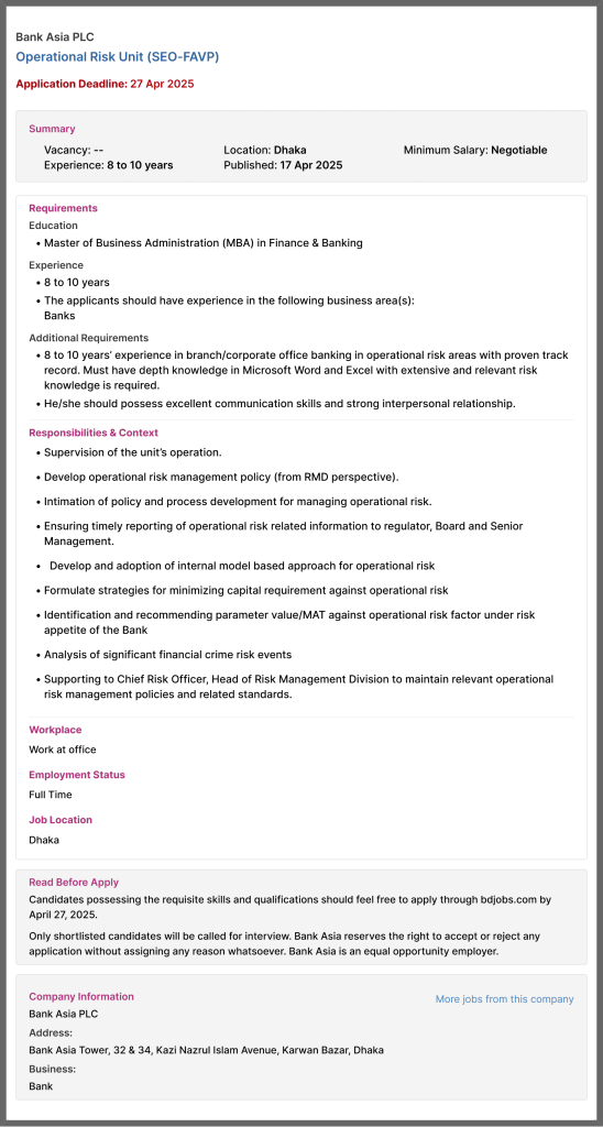 Bank Asia Limited Job Circular 2025 Bank Asia Limited Job Circular 2025