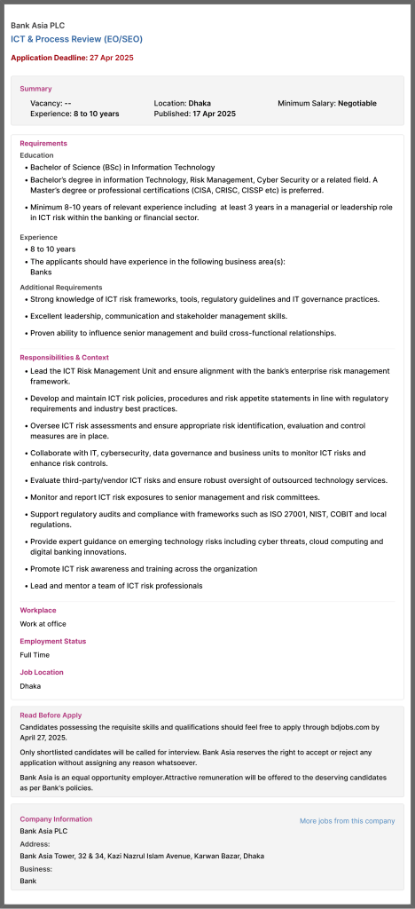 Bank Asia Limited Job Circular 2025 Bank Asia Limited Job Circular 2025