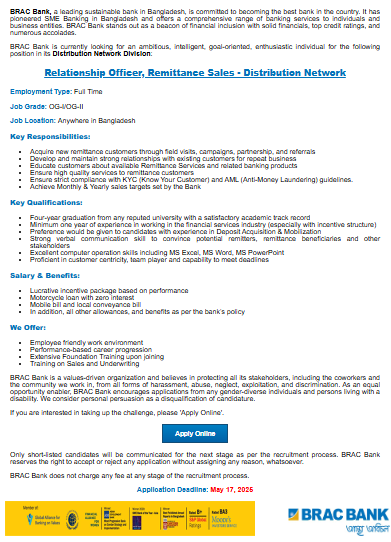 Relationship Officer Remittance at BRAC Bank Relationship Officer Remittance at BRAC Bank