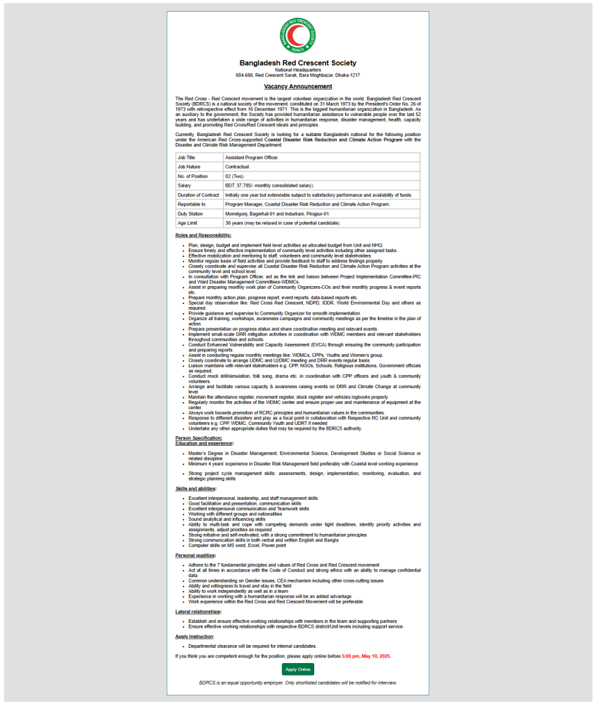 Bangladesh Red Crescent Society jobs Bangladesh Red Crescent Society jobs