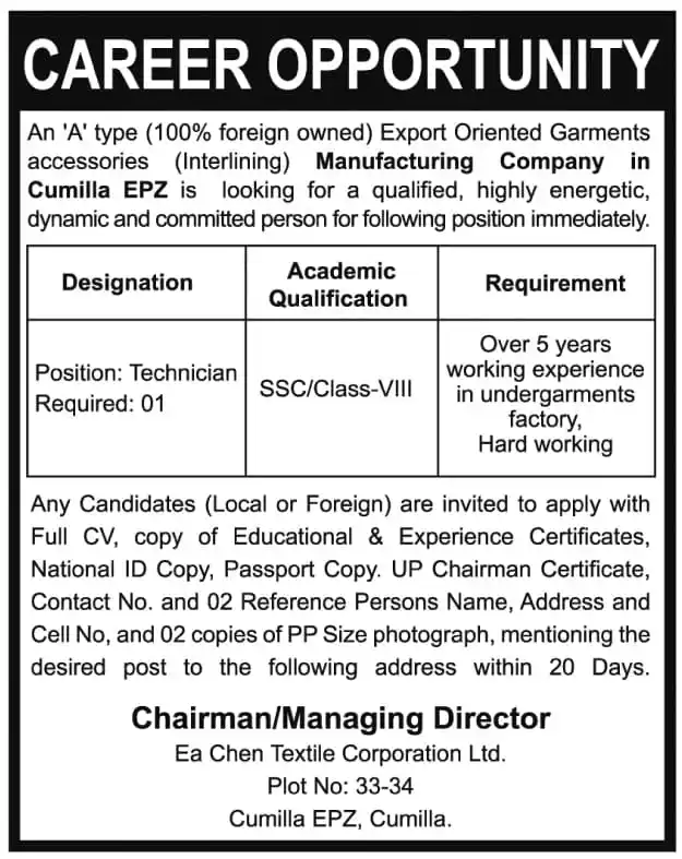 Garments and Textile Job Circular 2025